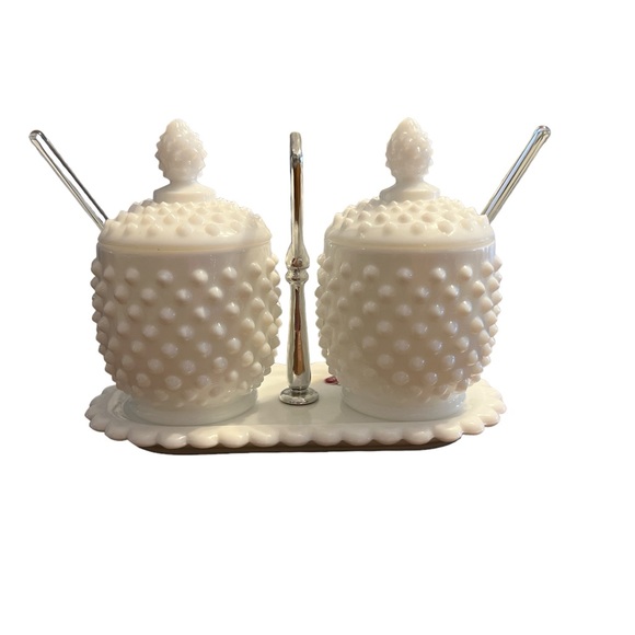 Fenton Other - VTG Fenton Hobnail Milk Glass Condiment/Jam Jar Set with spoons